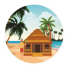 Cottage And Man With Coconut Palm Tree