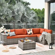 Marvel Gray 6 Piece Wicker Wide Arm Patio Conversation Set With Orange Red Cushions