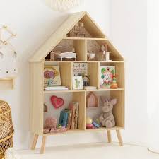 Lue Bona 33 46 In W 4 Tier Natural Wood Color Wooden Dollhouse Bookcase For Kids Bedroom