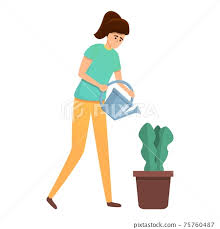 Girl Watering Plant Pot Icon Cartoon