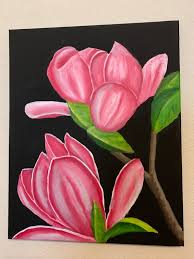 Pink Magnolia Oil Painting On Black