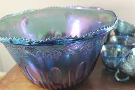 Blue Carnival Glass Punch Bowl With 12