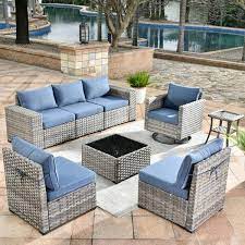 Hooowooo Tahoe Grey 8 Piece Wicker Outdoor Patio Conversation Sofa Set With A Swivel Rocking Chair And Denim Blue Cushions