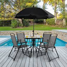 6 Pieces Patio Dining Set Folding Chairs Glass Table Tilt Umbrella For Garden Gr