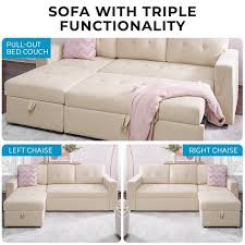 78 In W Beige Reversible Velvet Sleeper Sectional Sofa Storage Chaise Pull Out Convertible Sofa In Beige