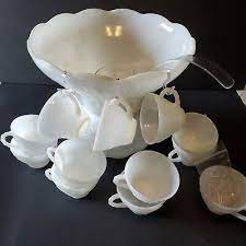 Punch Bowl Set Cups Ladle In Milk Glass