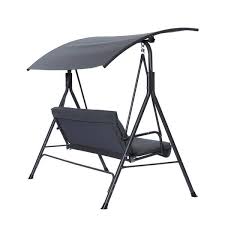 3 Person Metal Patio Swing Chair With Stand Porch Lawn Swing With Removable Cushion And Convertible Canopy Gray