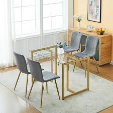 Homy Casa Slip Scargill Dark Grey 5 Pcs Elegant Dining Set With Glass Top Gold Leg Table And Fabric Upholstered Chairs Seat 4
