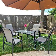 5 Pieces Outdoor Dining Set Steel Patio Furniture 38 In Square Patio Table With 1 Ft 5 In Umbrella Hole