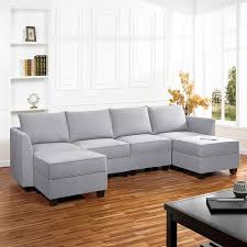 Naomi Home Modern Diy Collection Color Gray Material Linen Style 4 Piece Modular Sectional With Double Ottoman