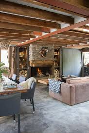 rustic living room with concrete floor