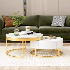 Modern Nesting 31 5 In Golden White Round Mdf Lift Top Coffee Table With Drawers White Golden