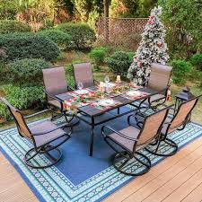 Phi Villa Black 8 Piece Metal Outdoor Patio Dining Set With Slat Rectangle Table Umbrella And Padded Textilene Swivel Chairs