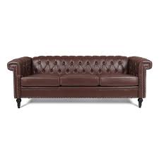 Square Arm Faux Leather Straight Sofa