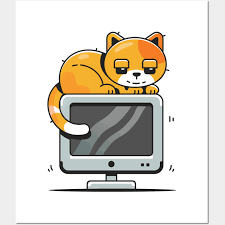 Cute Cat On Computer Cartoon Vector