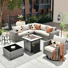 Metis 9 Piece Wicker Outdoor Patio Fire Pit Sectional Sofa Set And With Beige Cushions And Swivel Rocking Chairs