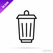 Black Line Trash Can Icon Isolated On