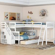 Urtr L Shaped White Bunk Bed For 3 Wood