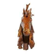 Decmode Teak Wood Horse Natural Sculpture Brown Size Xl