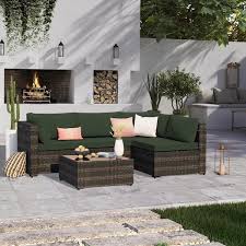 5 Piece Wicker Patio Conversation Set Outdoor Sectional Sofa Set With Coffee Table And Dark Green Cushions
