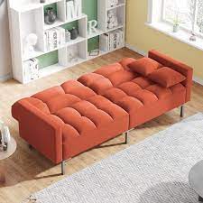 74 75 Orange Linen Upholstered Sleeper Sofa Living Room Love Seat Sofa With Adjustable Back Folding Twin Size Sofa Bed