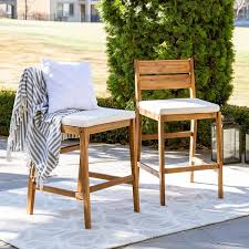 Welwick Designs Brown Acacia Wood Patio Outdoor Bar Stools With White Cushions 2 Pack