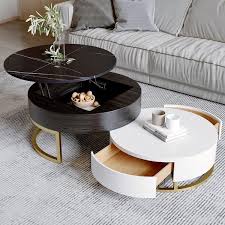 Magic Home 51 9 In Round Sintered Stone Lift Top Storage Wood Coffee Table With Rotatable Drawers Black
