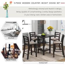 Anbazar 5 Piece Espresso Wood Counter Height Dining Table Set 4 Seats Square Table Set With 4 Padded Chairs And 2 Tier Shelves Brown