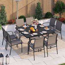 Black 9 Piece Metal Patio Outdoor Dining Set With Slat Square Table And Textilene Chairs