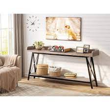 Turrella 70 9 In Gray Rectangle Engineered Wood Console Table Extra Long Sofa Table With 2 Tier Shelf