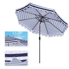 9 Ft Patio Umbrella Outdoor Table Market Umbrella With Push On Tilt And Crank Blue White Stripes With Flap