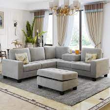 Flieks 85 Sectional Sofa Sets L Shaped Sofa Couch With Storage Ottoman 2 Cup Holders For Large Space Dorm Apartment Light Grey