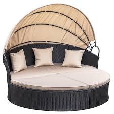 Tozey Chillrest Black Rattan Wicker Outdoor Patio Round Daybed With Retractable Canopy And Beige Cushions