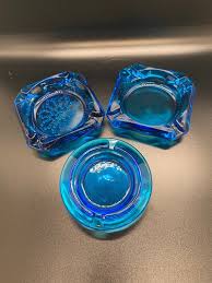Three Cobalt Blue Small Glass Ashtrays