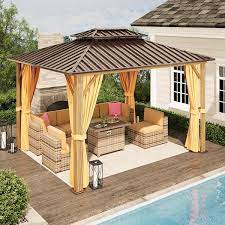 Sizzim 12 Ft X 10 Ft Outdoor Wood Grain Double Aluminum Roof Gazebo With Netting And Brown Curtains For Garden Patio