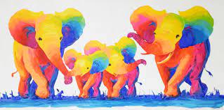 Colorful Elephant Family Painting Oil