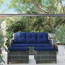 Joyside Wicker Outdoor Patio Sofa Sectional Set With Blue Cushions And Ottoman