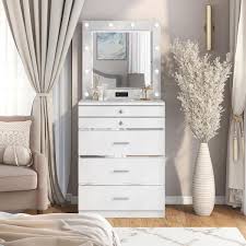 Furniture Of America Solvang 5 Drawer High Gloss White Chest Of Drawers Set With Mirror 68 5 In H X 29 5 In W X 19 In D
