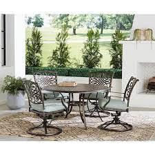 Renditions 5 Piece Aluminum Outdoor Dining Set With Sunbrella Mist Blue Cushions 4 Swivel Rockers And 48 In Table