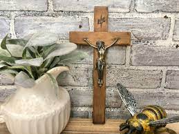 Metal Crucifix On Wooden Base Vintage