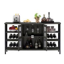 Yofe Gray And Black Rustic Wood Wine Bar Cabinet For Liquor And Glasses Double Sideboard And Buffet Cabinet Wine Rack Table Gray Black