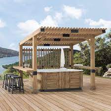 Sunjoy 10x11 Hot Tub Pergola Kit With Privacy Screen And Large Bar Shelves