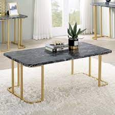 Pasadina 47 25 In Gold Coating And Black Rectangle Faux Marble Top 2 Piece Coffee Table Set