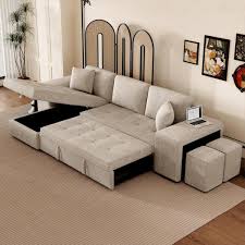 105 In Square Arm Linen 3 Seater Pull Out Sofa Bed Modular Sofa Couch In Cream