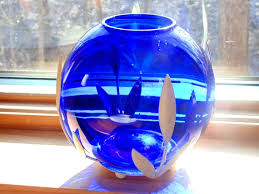 Cobalt Blue Glass Globe Vase W Metal