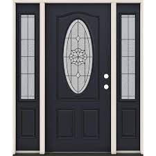 36 In X 80 In Left Hand Inswing 3 4 Oval Mcalpine Decorative Glass Black Steel Prehung Front Door With Sidelites