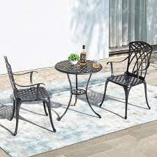 Nuu Garden 3 Piece Cast Aluminum Outdoor Bistro Set Patio Furniture Table Set In Black