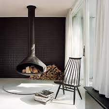 Hanging Fireplace And Black Accent Wall