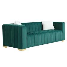 Modern 85 8 In Square Arm Velvet 3 Seater Rectangle Channel Sofa Traditional Chesterfield Sofa With Pillows In Green