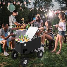 Vingli 80 Qt Wagon Rolling Cooler Ice Chest With Long Handle And 10 In Wheels Portable Patio Party Bar Cold Drink Beverage Black